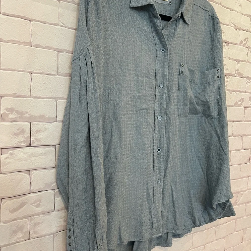 Free People Hidden Valley Tunic Top Size Small Oversized‎ Button Up Slate Blue - Picture 3 of 7